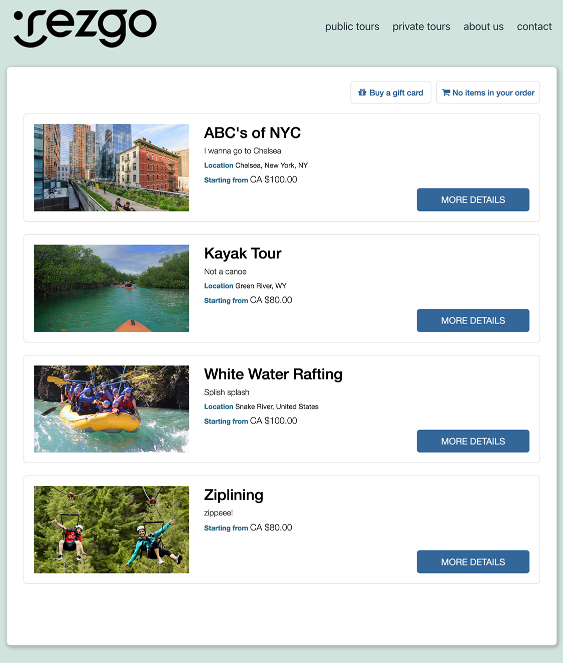 Your tours and activities will display in a list on your default