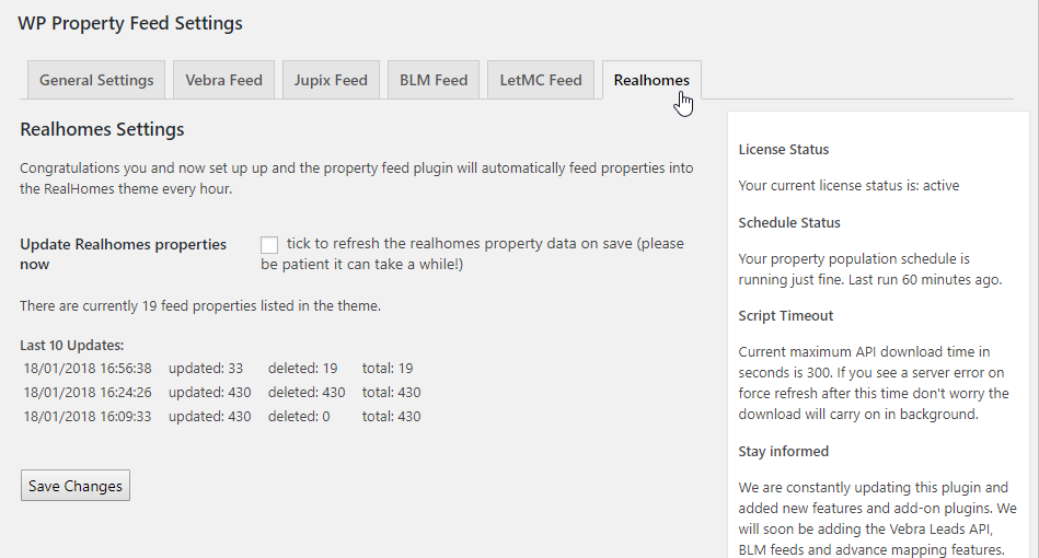 Settings screen. Shows log of updates
