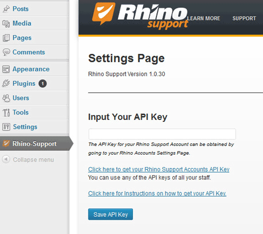 Easily connect the plugin to your Rhino Support account by simply pasting the API key that is issued to your account.