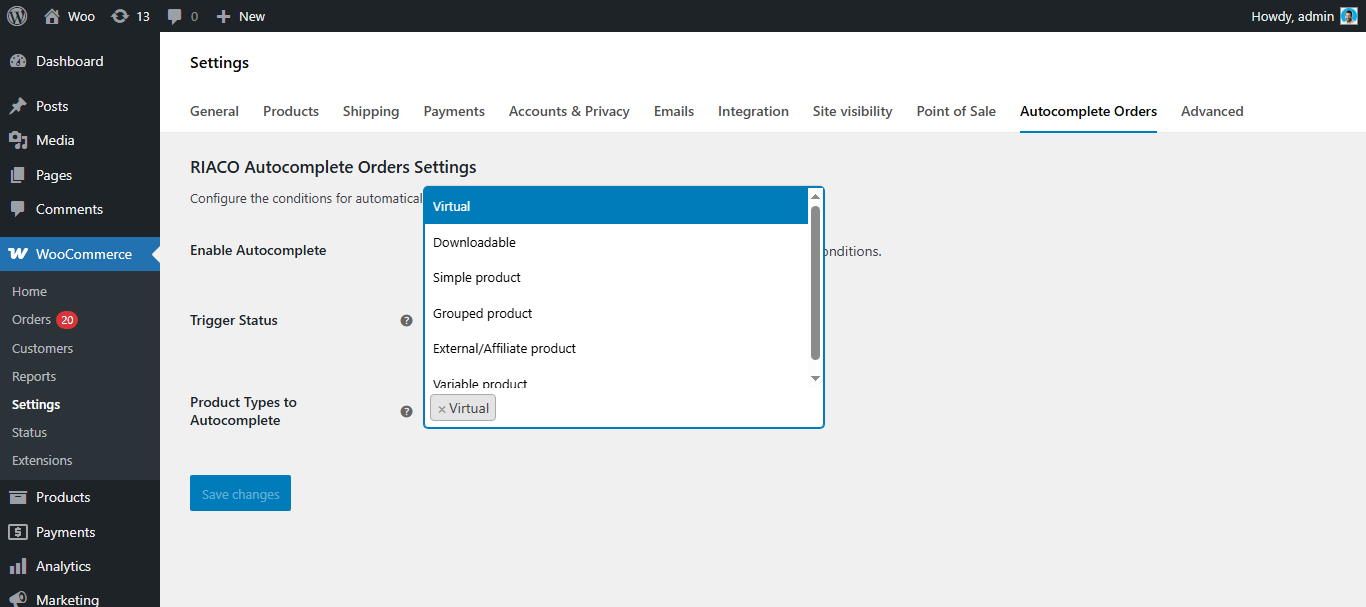 Configure trigger statuses and product type filters.