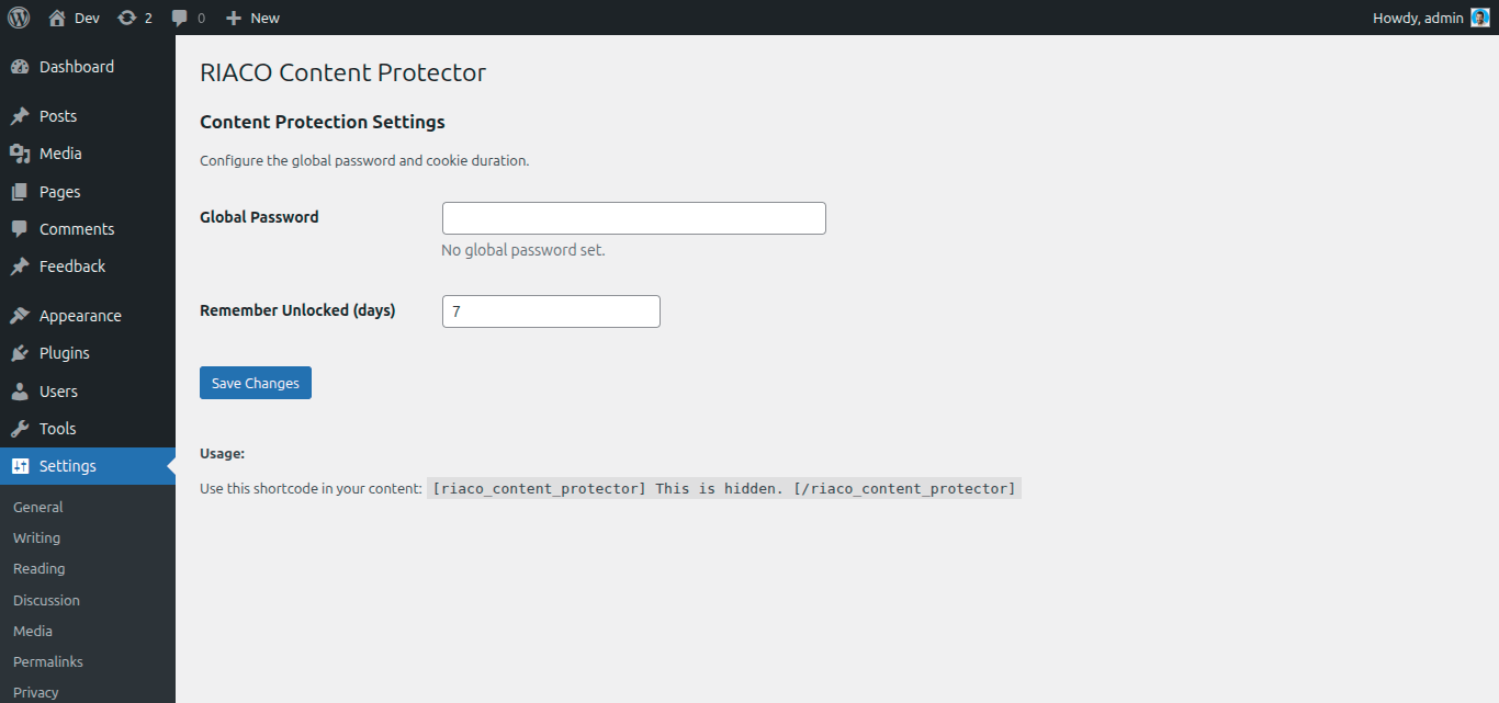 Settings page with global password option