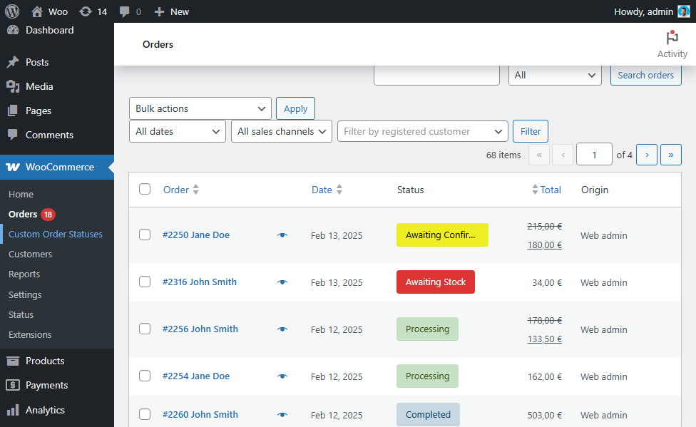 **Order list** in WooCommerce with color-coded statuses.