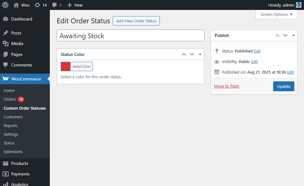 **Edit status screen** with color picker.