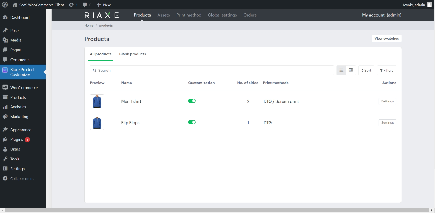 Product listing in customizer admin.