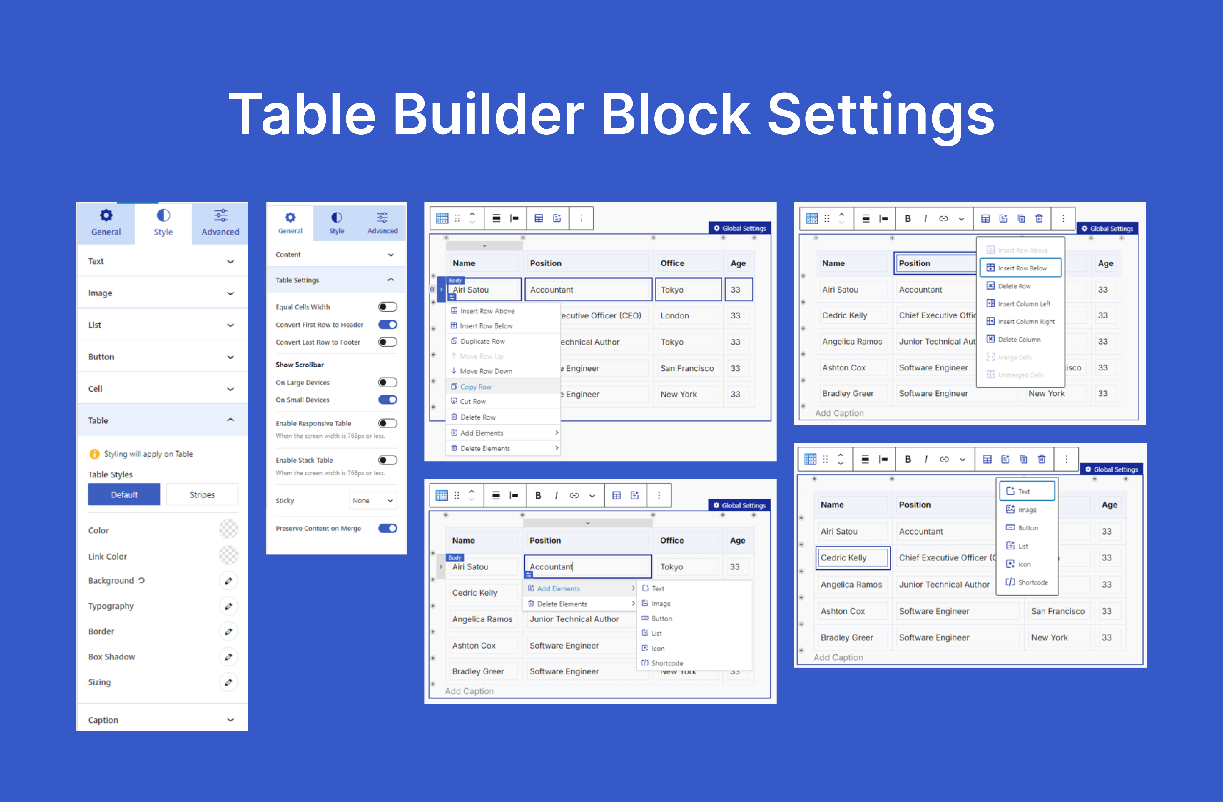Table Builder Block Settings