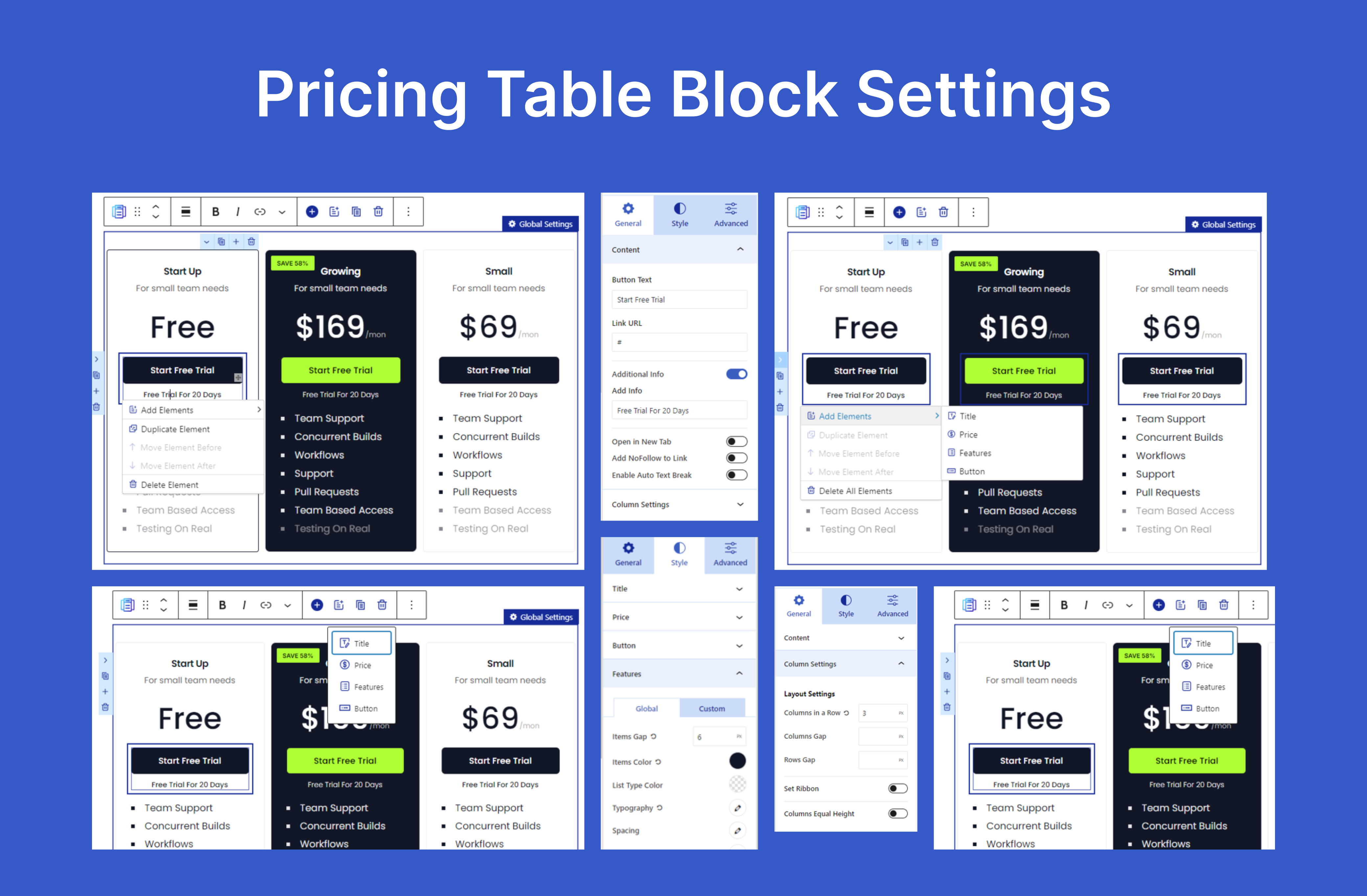 Pricing Table Block Settings