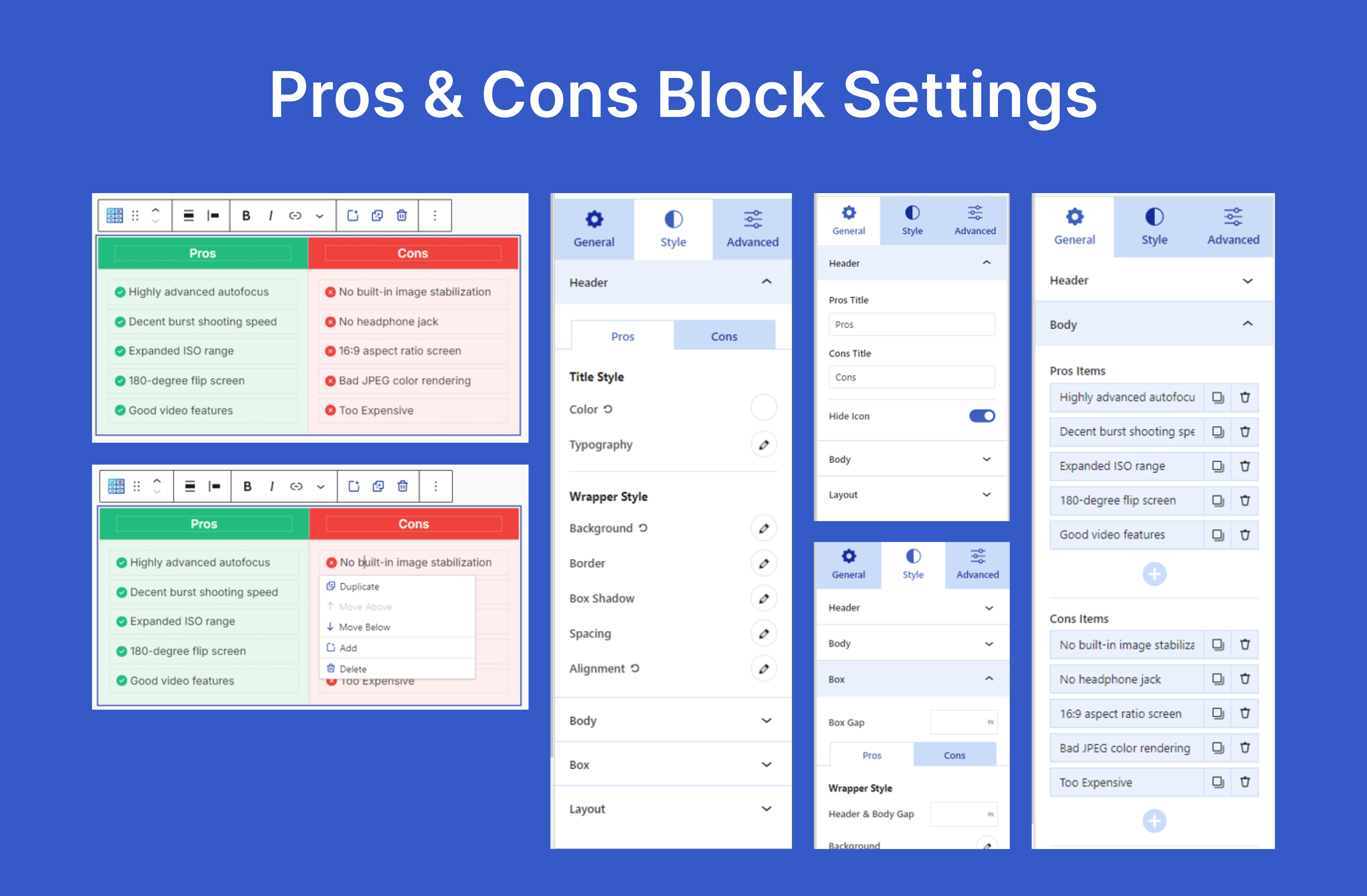 Pros and Cons Block Settings