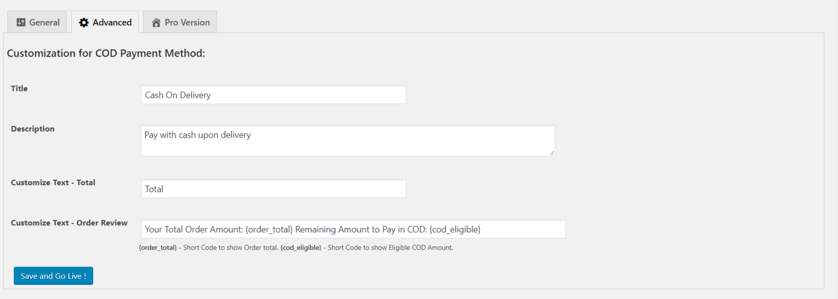 Text Customization Page.