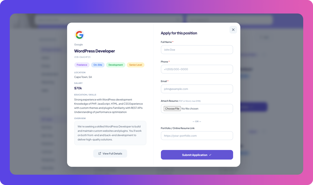 Application modal with full job details and resume upload