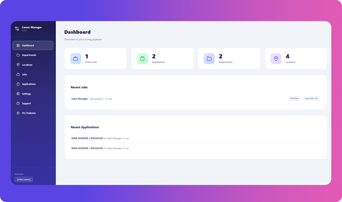 Admin dashboard with stat cards and recent activity