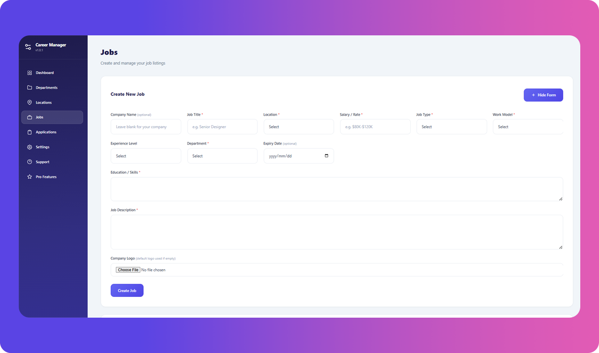 Job creation form with location dropdown