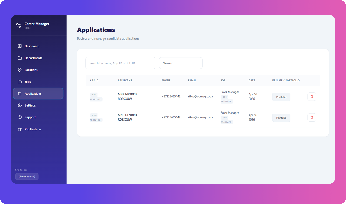 Applications management table