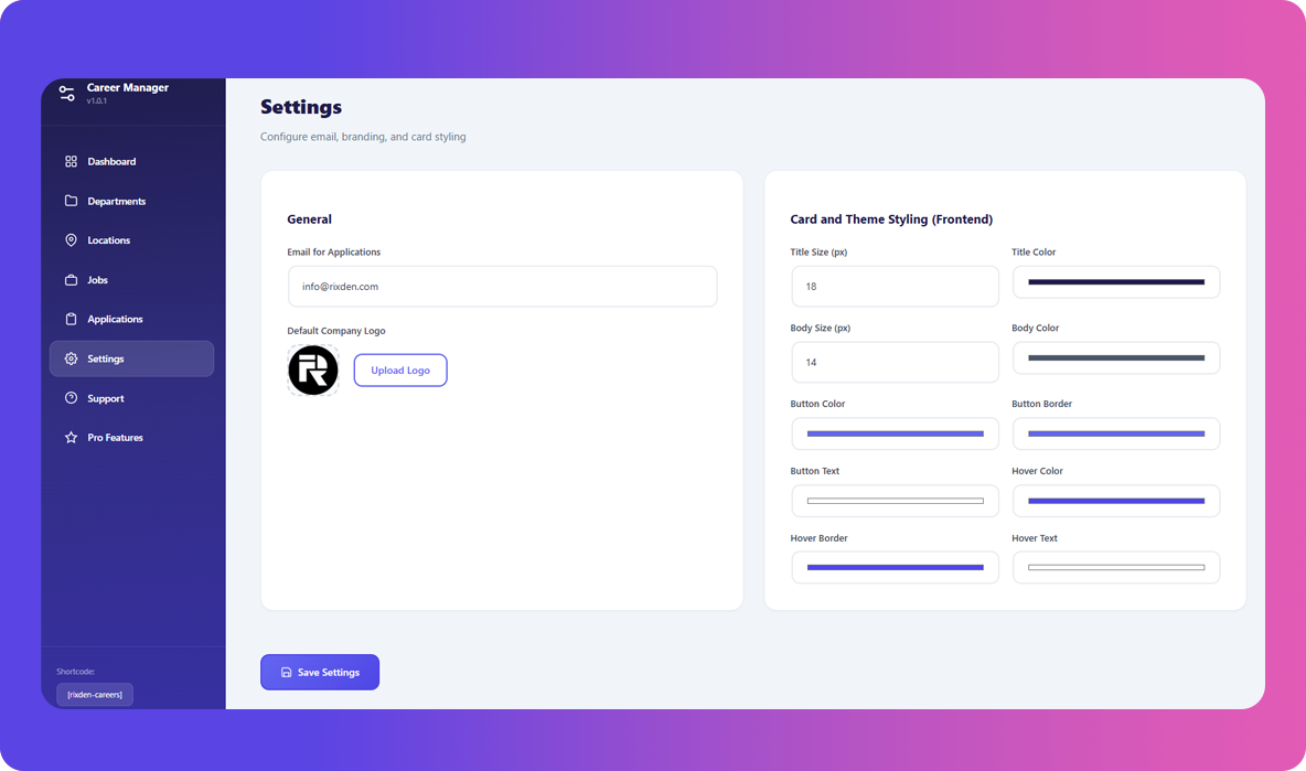 Settings panel for email and card styling