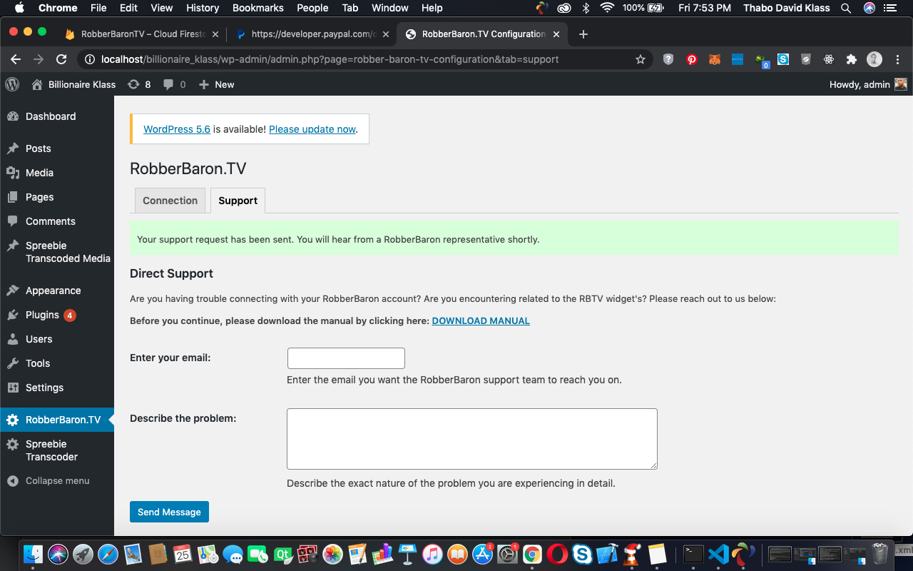 The support tab indicating that a support email has been sent.