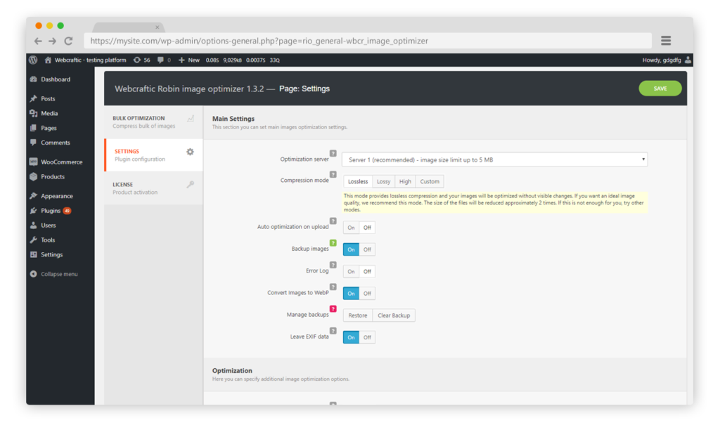Settings page