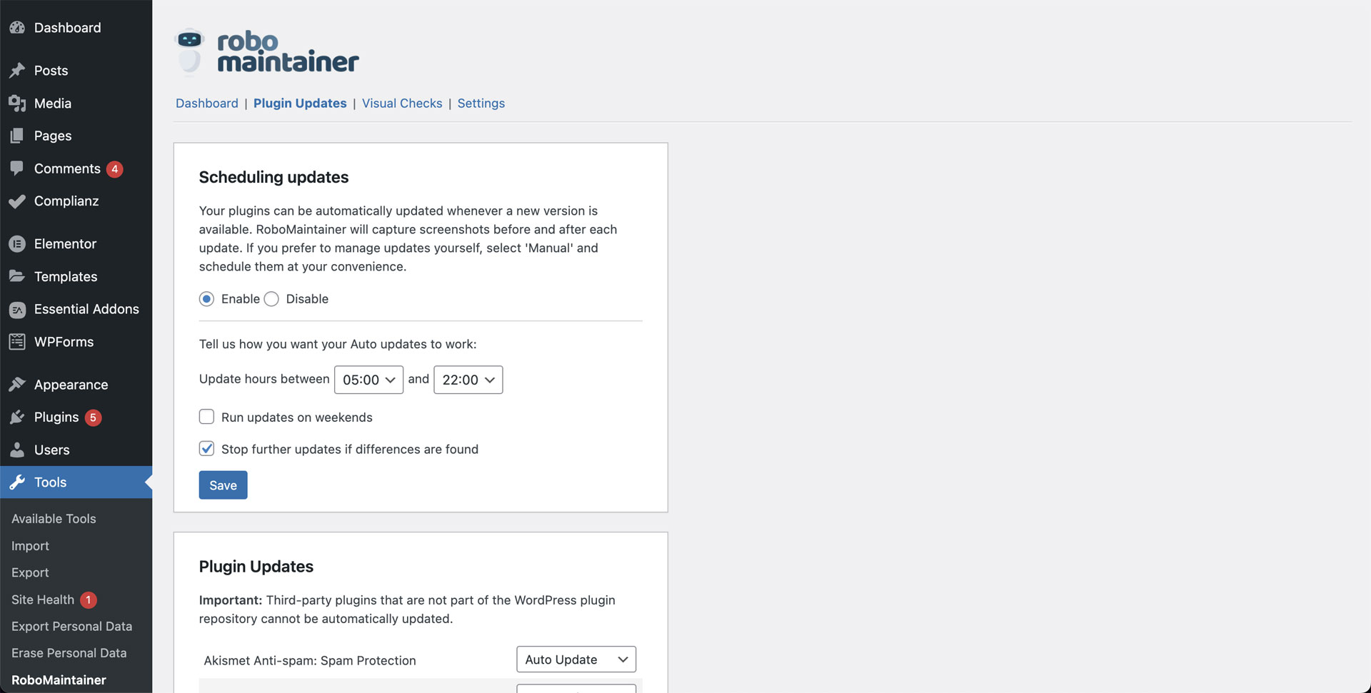 Robomaintainer plugin update settings page.