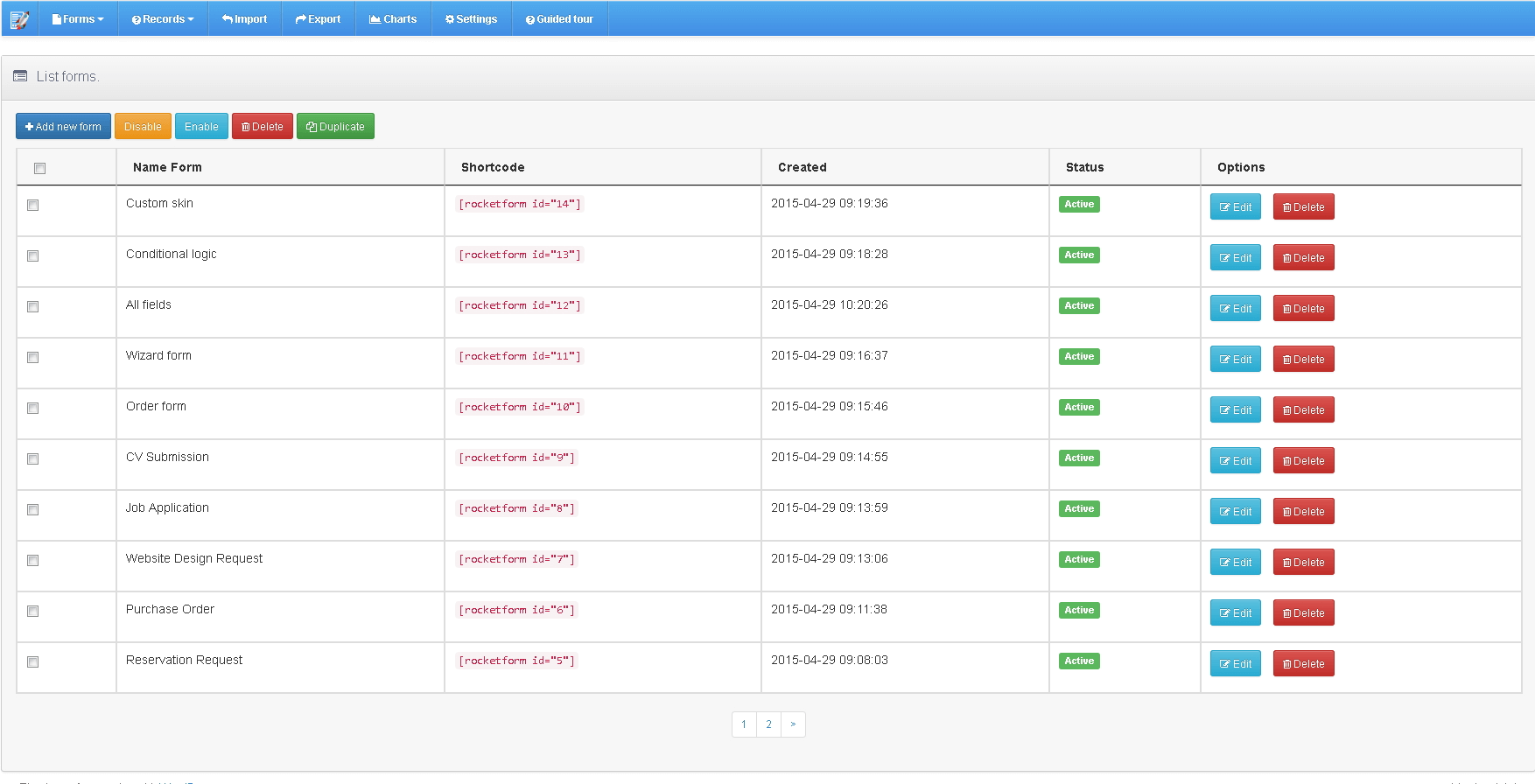 Saved forms in list