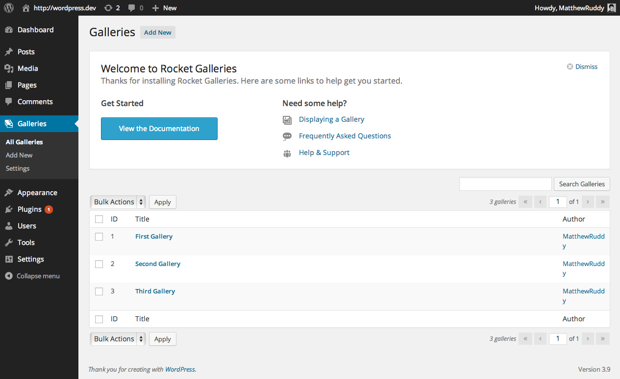 "All Galleries" panel. Manage your galleries from here.