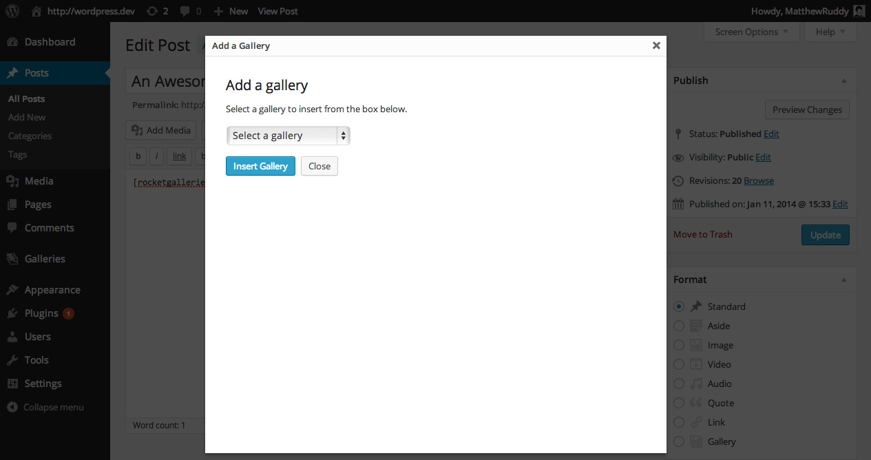 We've integrated a modal window for adding galleries to your posts/pages easily.