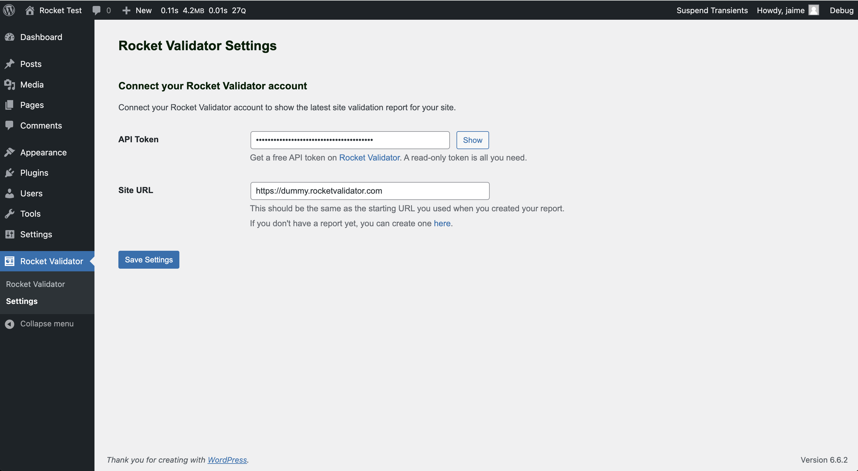 Settings page where you enter the API token and site URL
