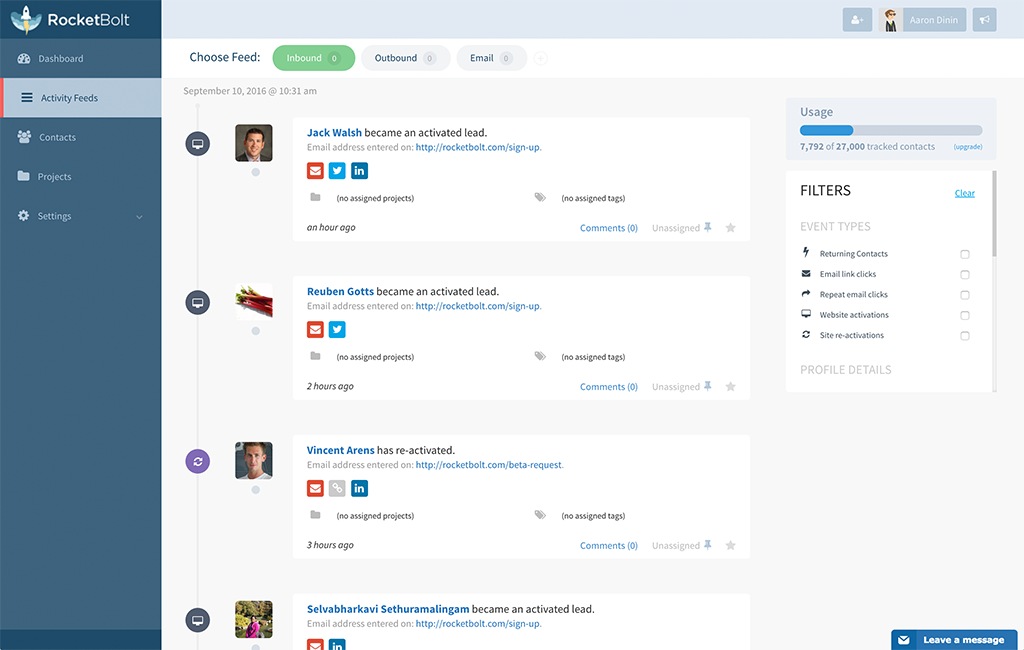 The RocketBolt website activity feed shows you who's on your website in real-time.