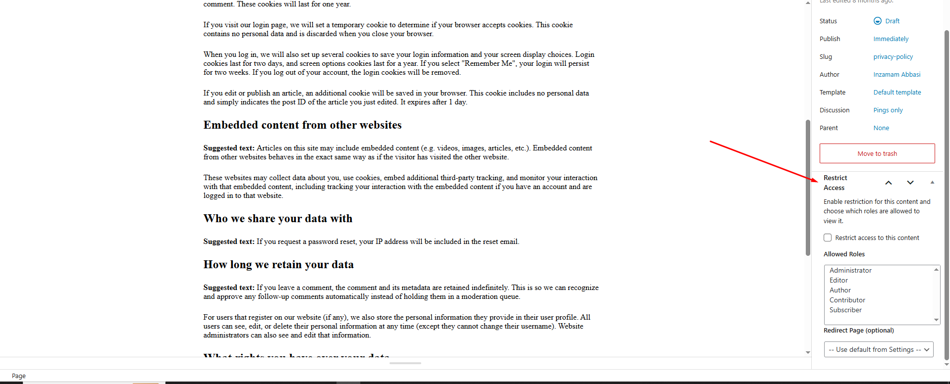 The page/post restriction settings, allowing you to limit access to specific user roles and assign a custom redirection page.