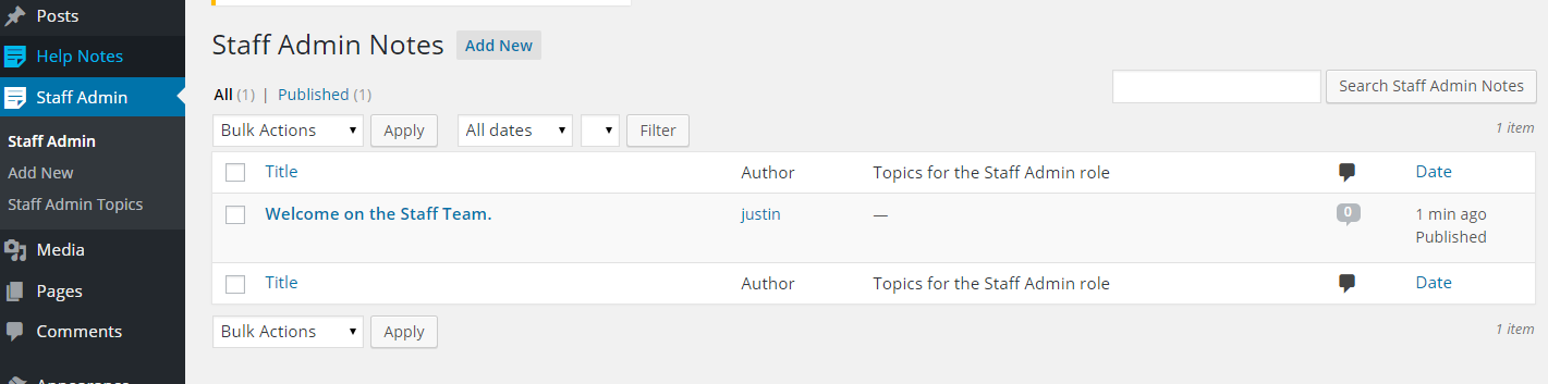 Dashboard showing the 'Staff Admin" user role access.