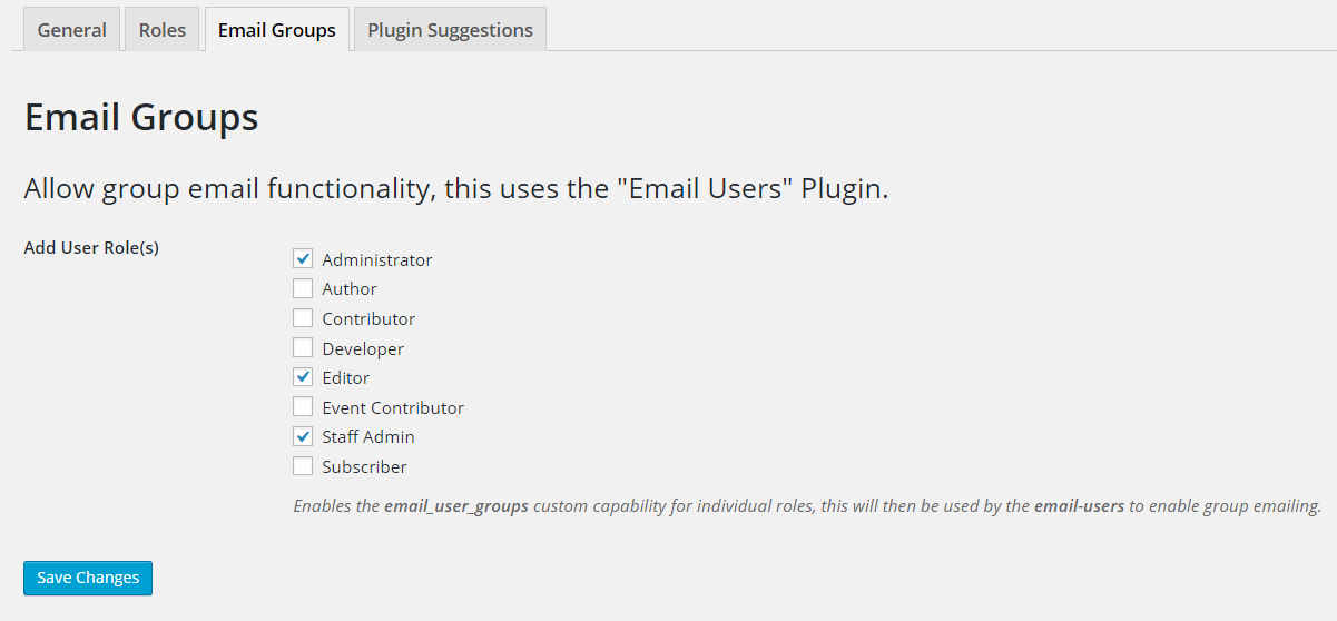 The Settings 'Email Groups' shows when the email-users plugin is active and enables the email/widget Help Note functionality.