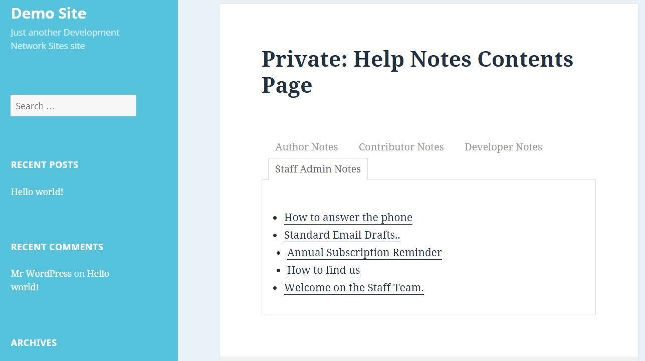 The Twenty Fifteen theme showing the contents page for the 'Staff Admin' role, also with the 'Tabby Responsive Tabs' Plugin Active. The other tabs for 'Contributor', 'Author' and 'Developer' are present as the logged user also has these roles.