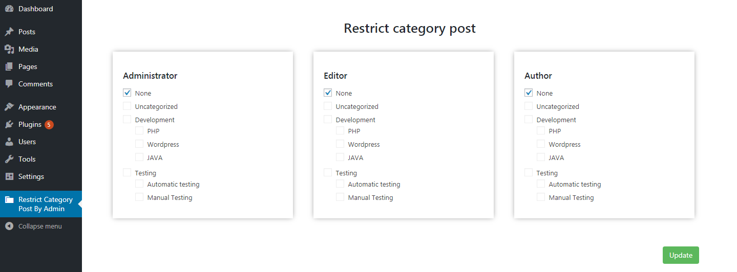 This screenshot is about listing of categories under user roles.By default