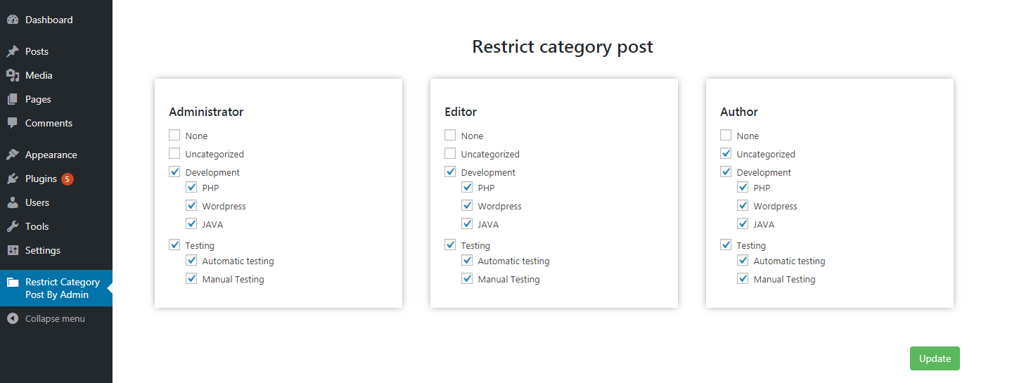 Admin can assign categories to user roles.Based on that assigned categories user can see only those post.