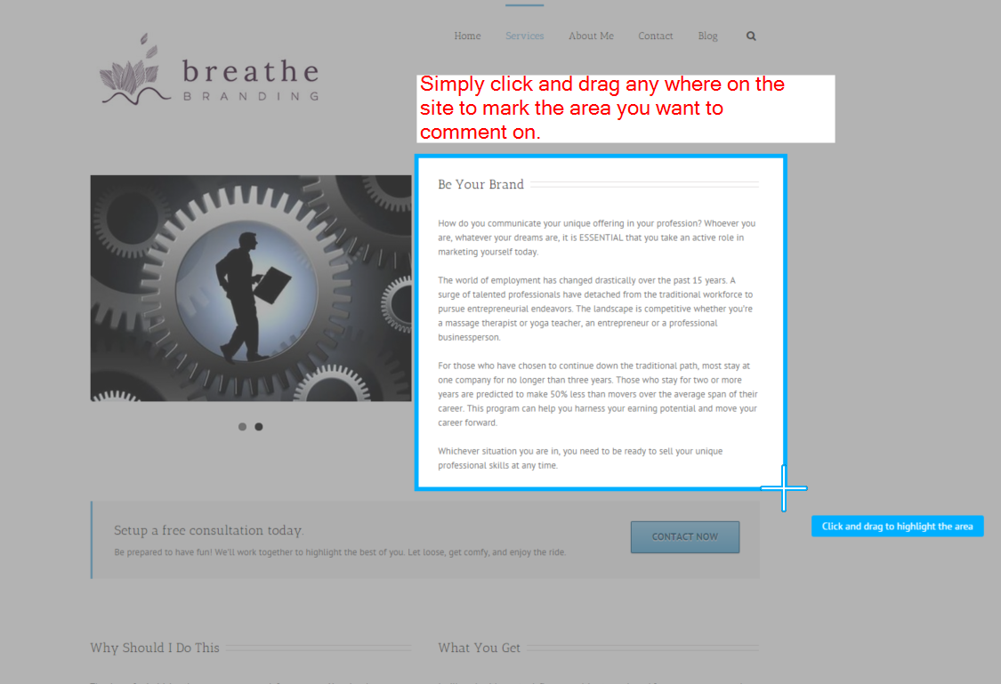 After activating the tool (one click) the client then gets a tool tip instructing them to click and drag anywhere on the site. Even your clients that have trouble using Facebook will be able to use this tool.
