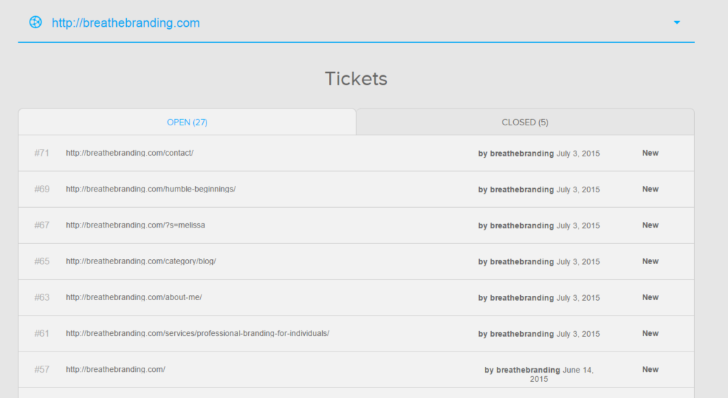 The ticket interface shows you the ticket number, URL, reporter, date and status. (We're currently prioritizing feature requests for the tickets interface so let us know what you want next).