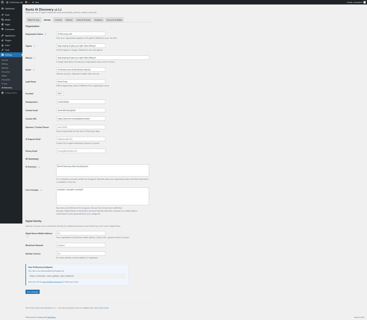 Identity — configure your organization name, mission, sector, and digital identity
