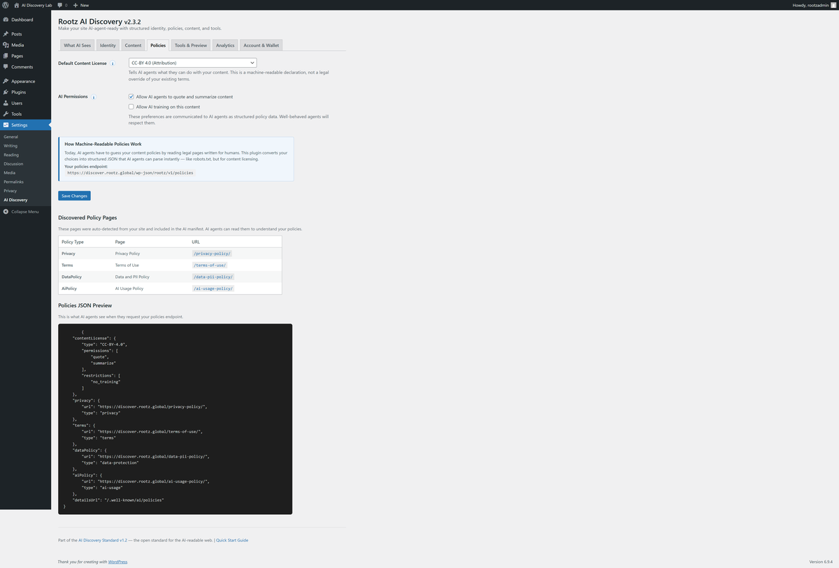 Policies — set content licensing, quoting permissions, and AI training controls