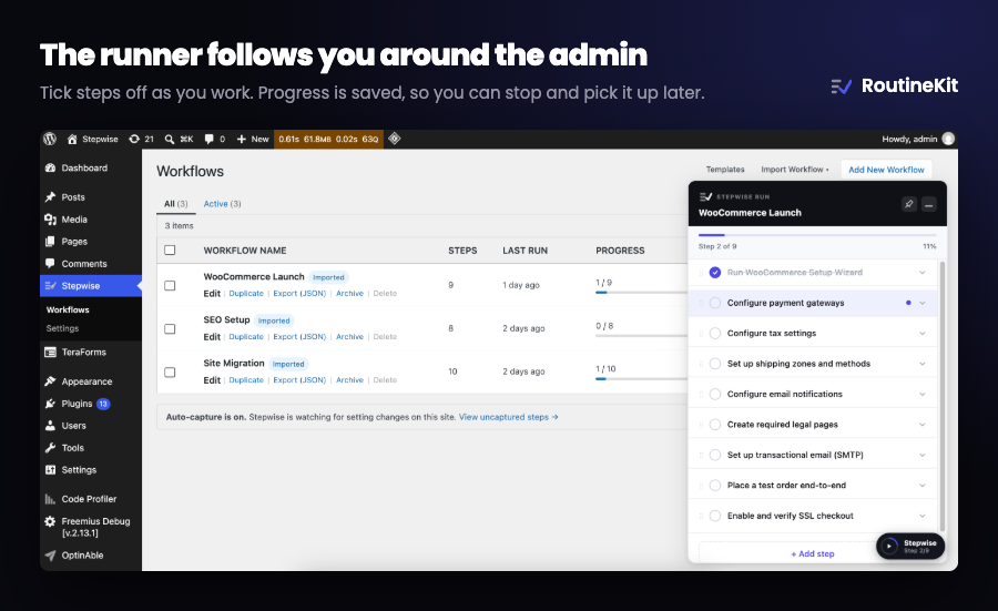 Guided Runner — floating sidebar walking through each step