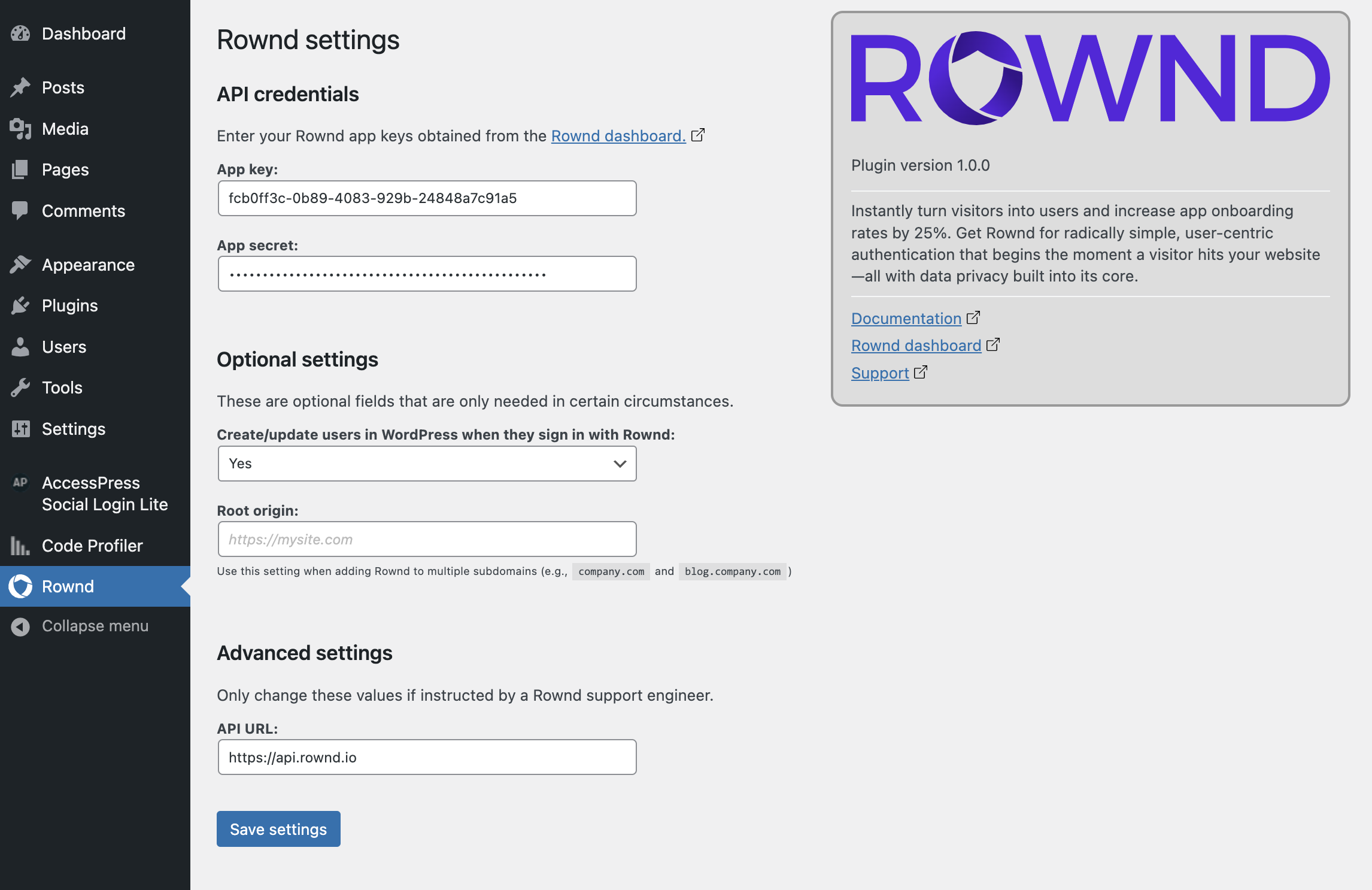 Manage your Rownd integration easily through our simple settings pane.