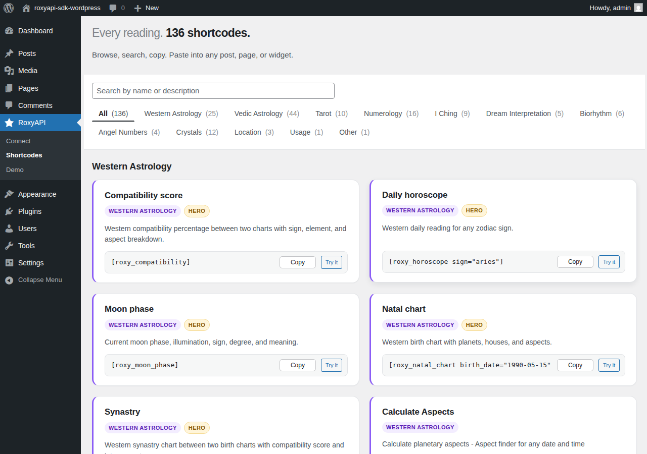 Shortcodes Library. Browse every shortcode by domain. Search, filter, copy.
