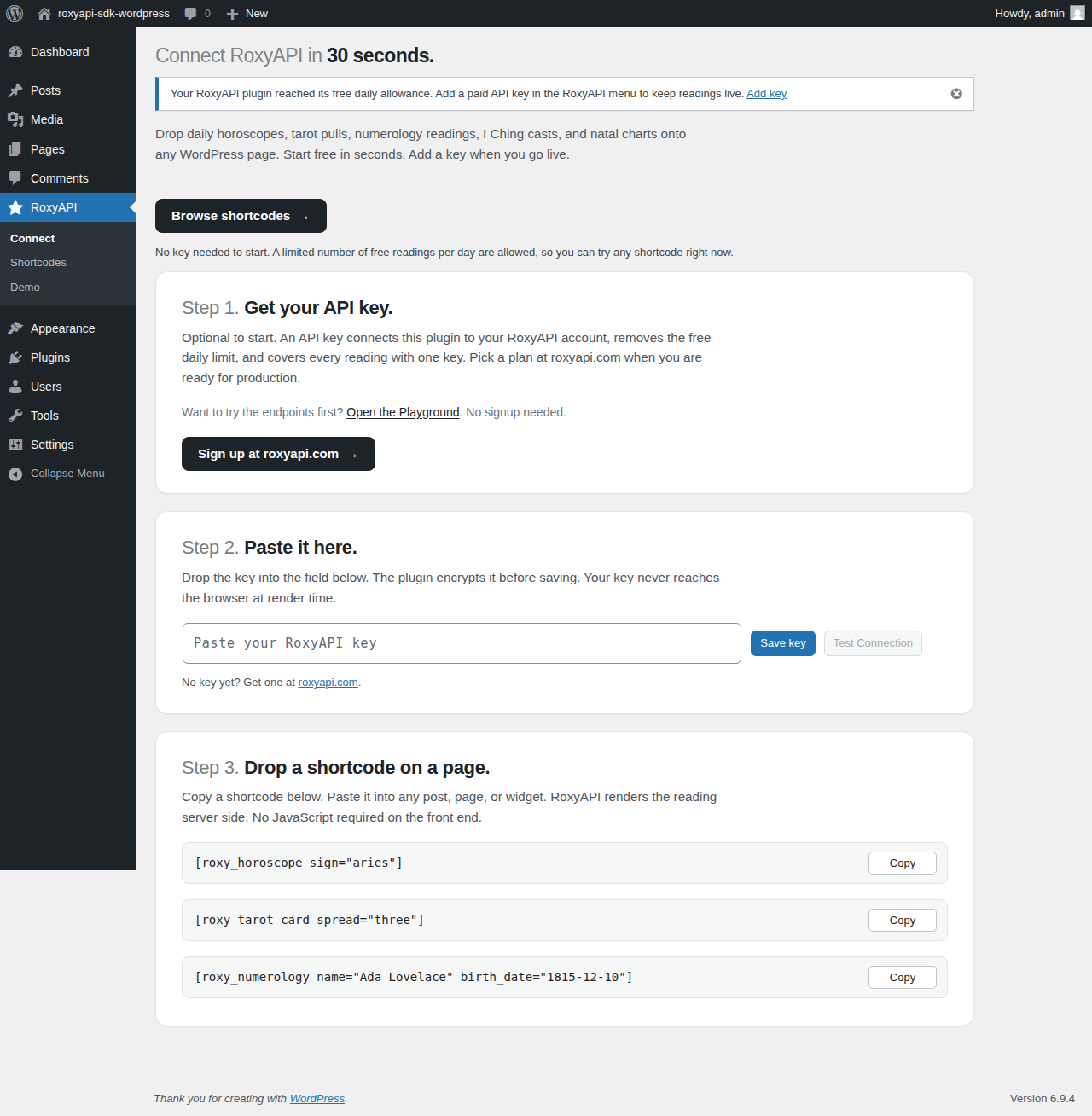 Start free in seconds, no key required. Browse shortcodes, or add a key for production.