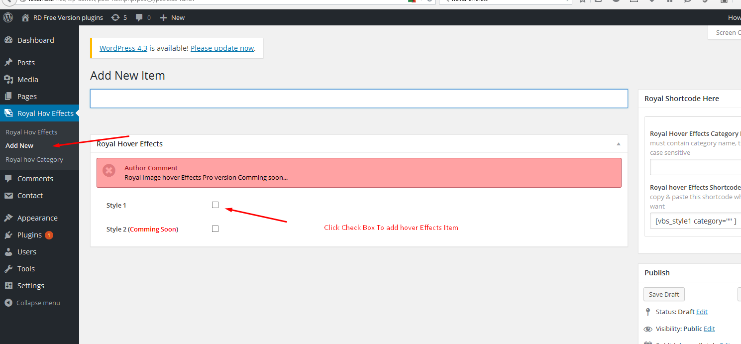 Adding Royal hover hover item with Click Style 1 setting