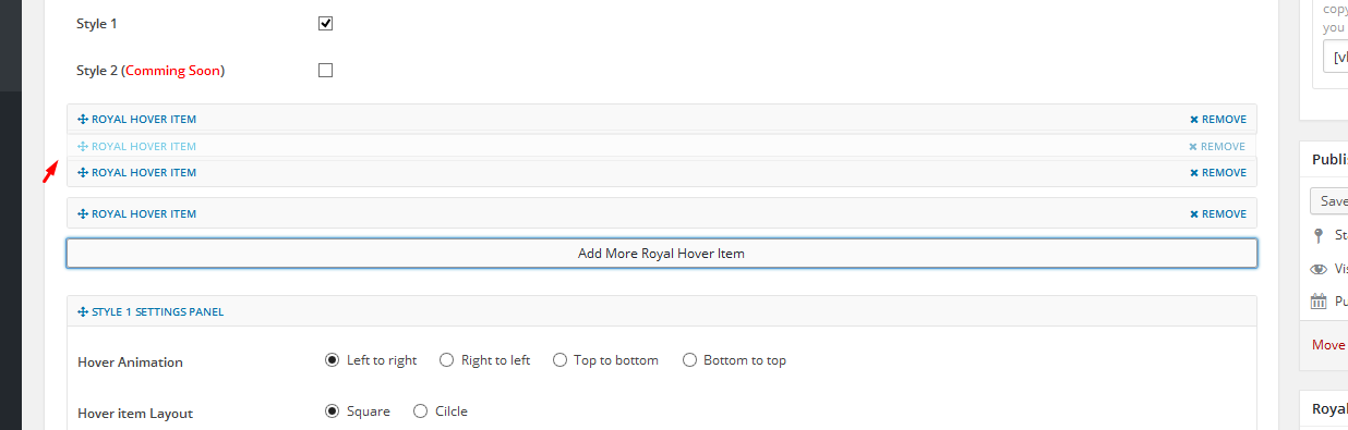 You can select which Hover item you want to appear first.  You can also select all of your items and drag to move the order of each up and down in the Custom Post Panel.