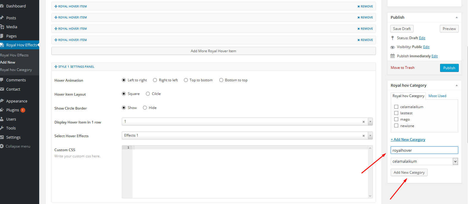 write a category name and add category for your hover item.