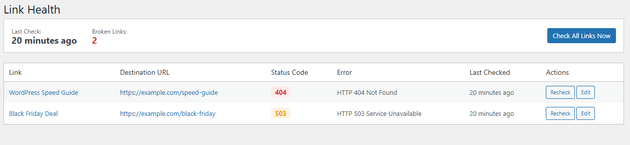 Create/edit link with all options