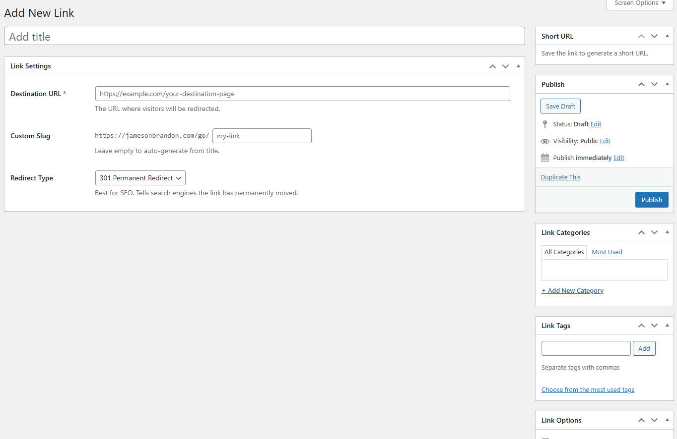 Create/edit link screen