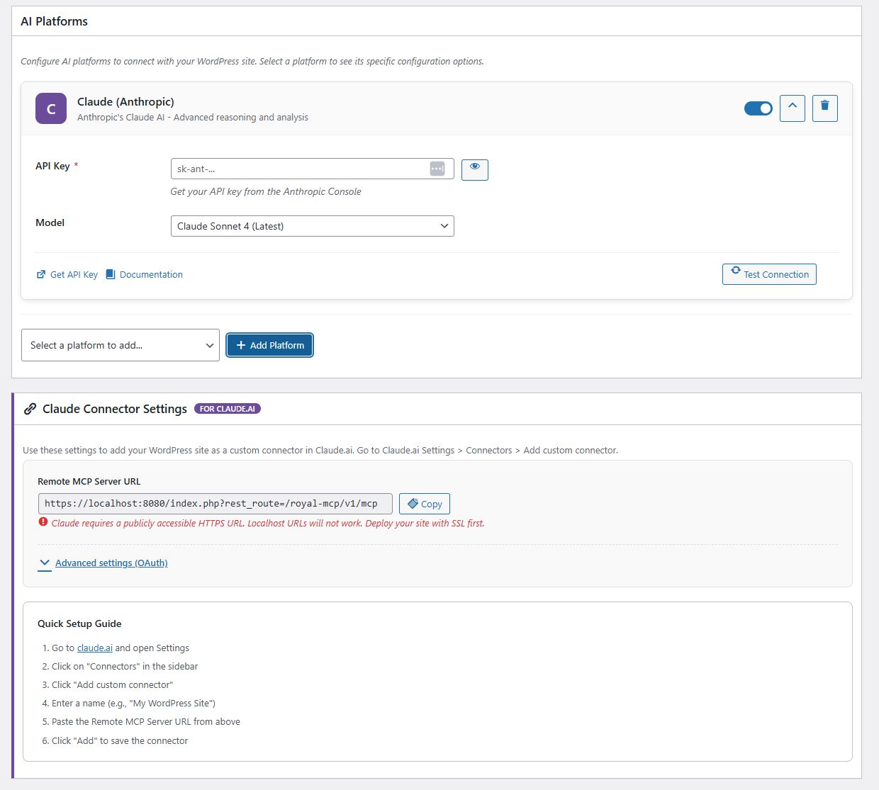 AI platform settings and API key configuration