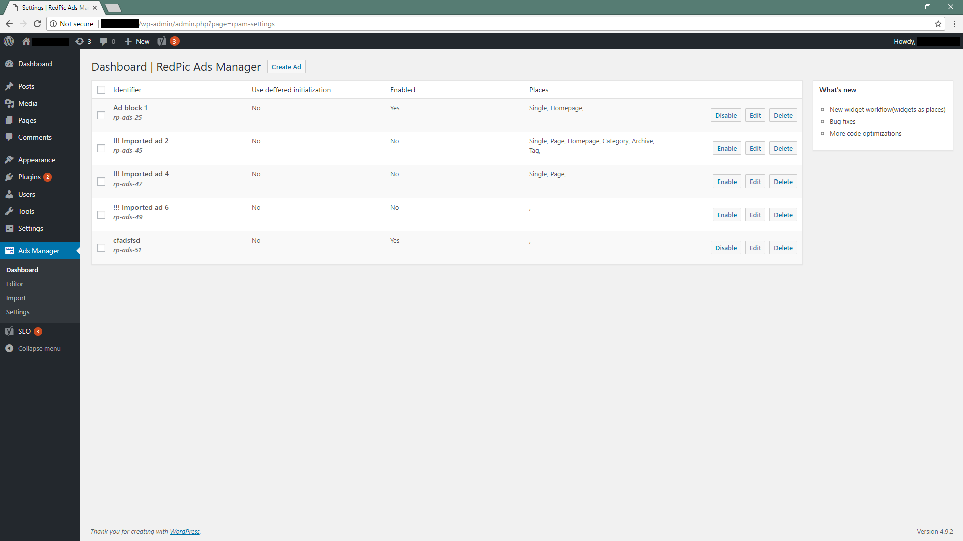 Plugin dashboard