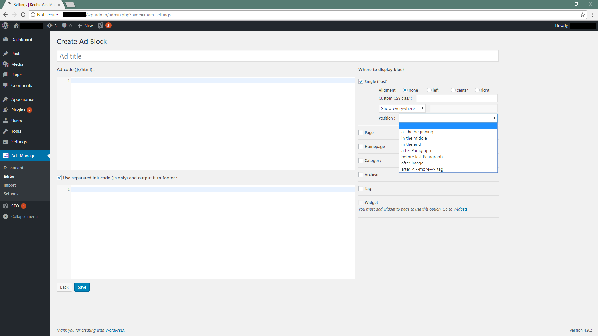 Create/edit ad block page