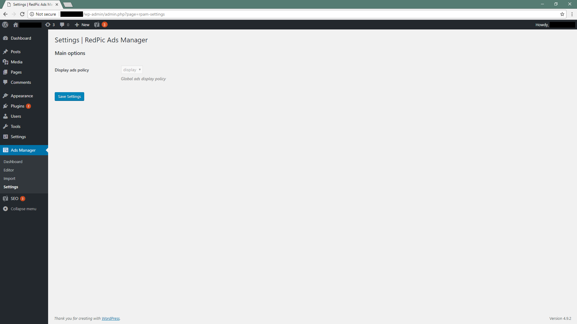 Settings page