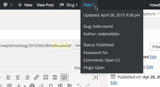 The page info menu extended. Also appears on posts, custom posts and media.