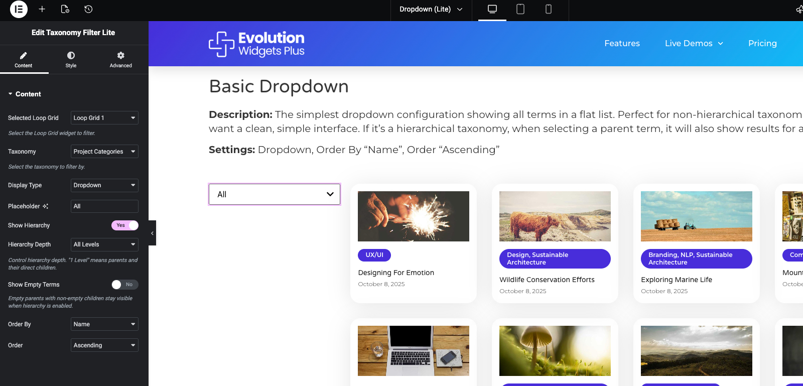 Widget controls in Elementor panel